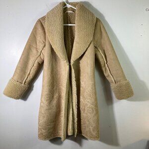 Womens Soft Surroundings Faux Suede Sherpa Coat Floral Burnout‎ Tan PXS